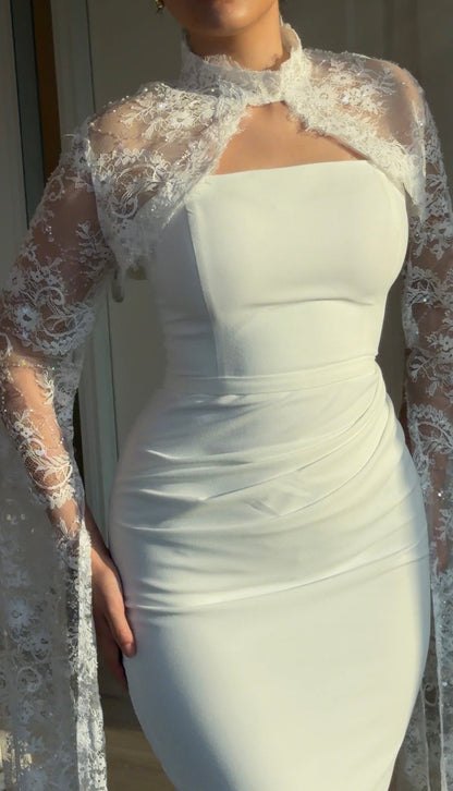 Ruched Column Gown with Sheer Lace Cape