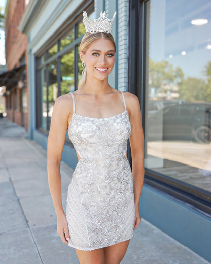 Beaded Cut-Out Spaghetti Strap Mini Dress