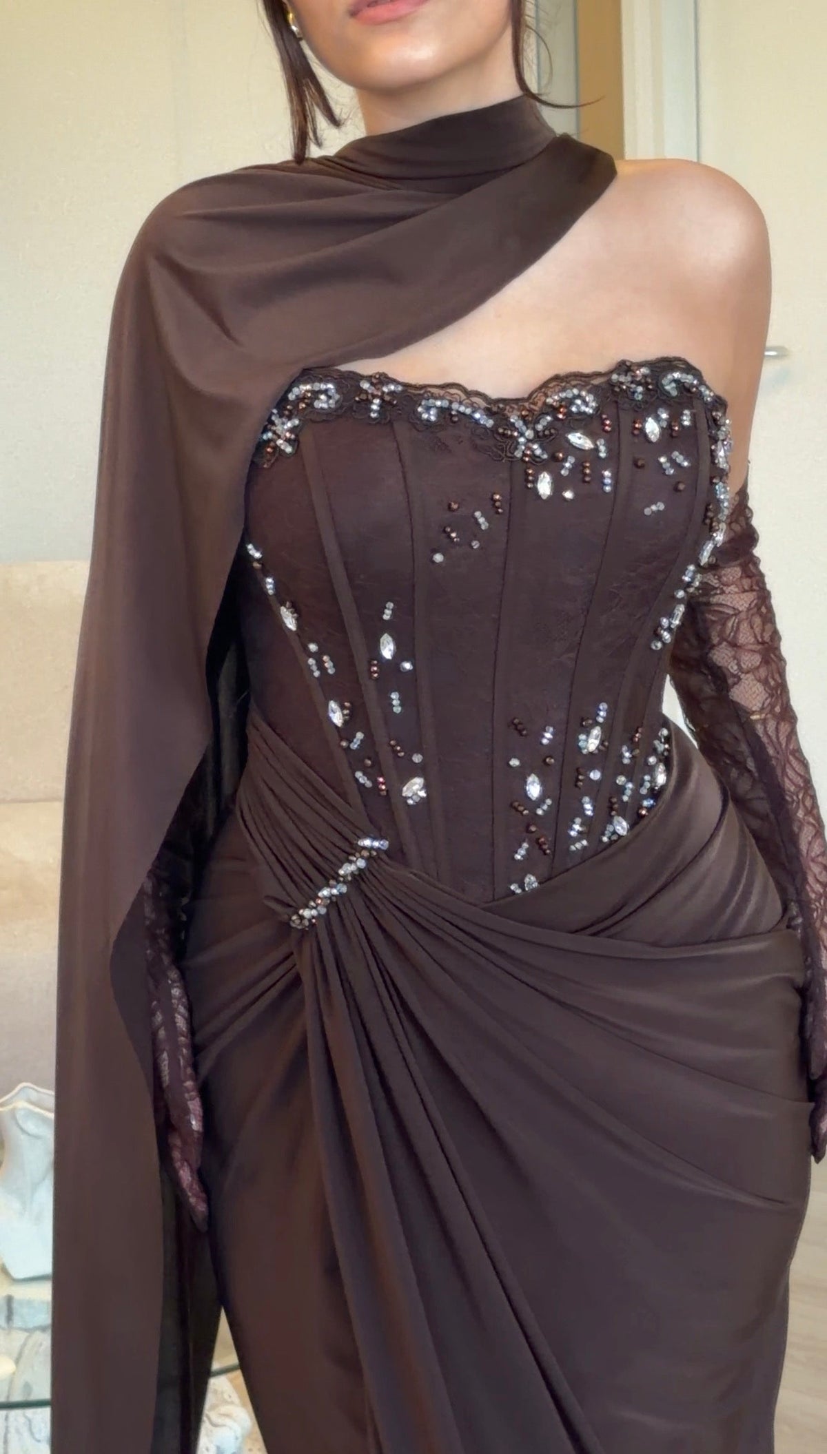 Corset Gown with Scarf Neckline and Gloves
