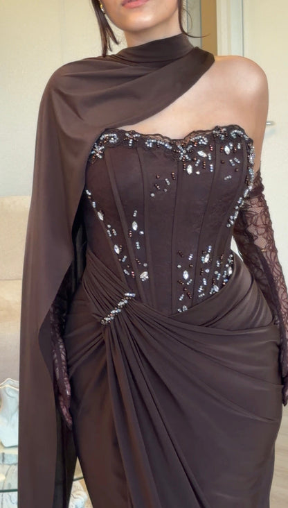 Corset Gown with Scarf Neckline and Gloves