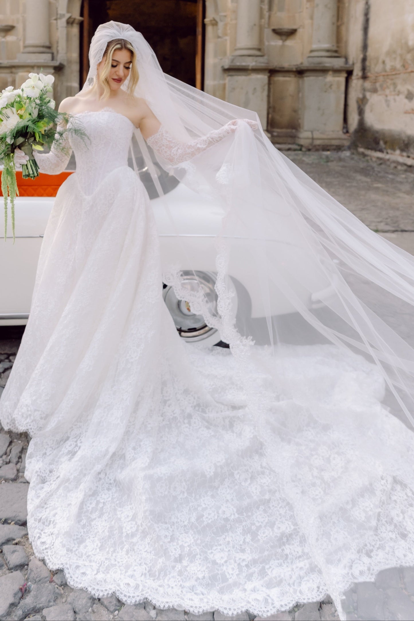 Strapless Lace Ball Gown Wedding Dress with Long Train