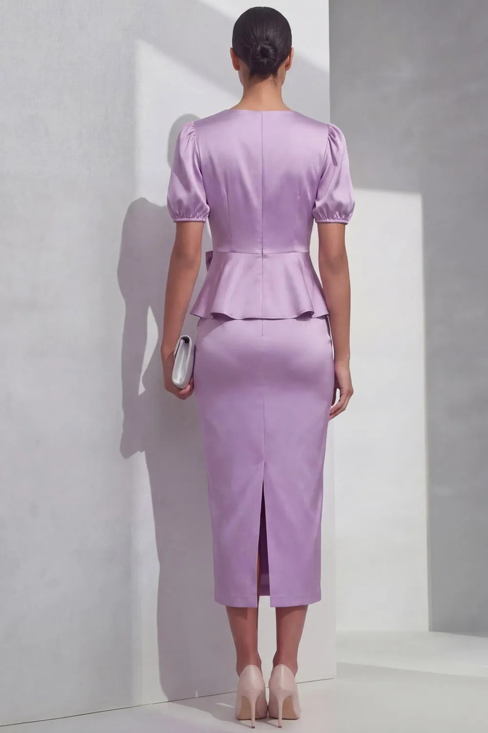 Satin Peplum Midi Dress with Bow and Puff Sleeves