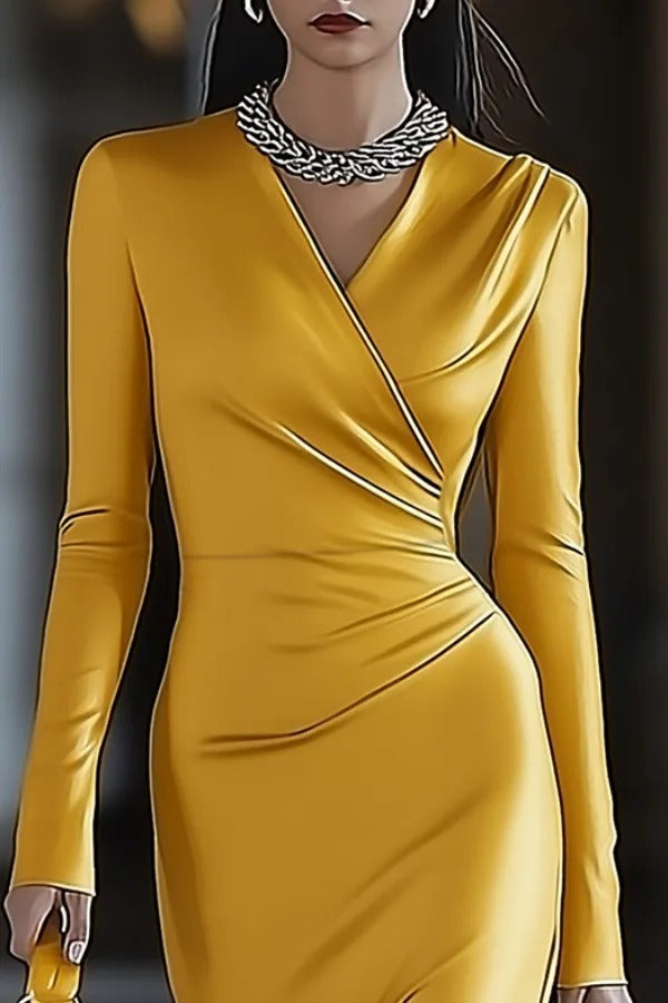 Ruched Long-Sleeve Wrap Midi Sheath Dress