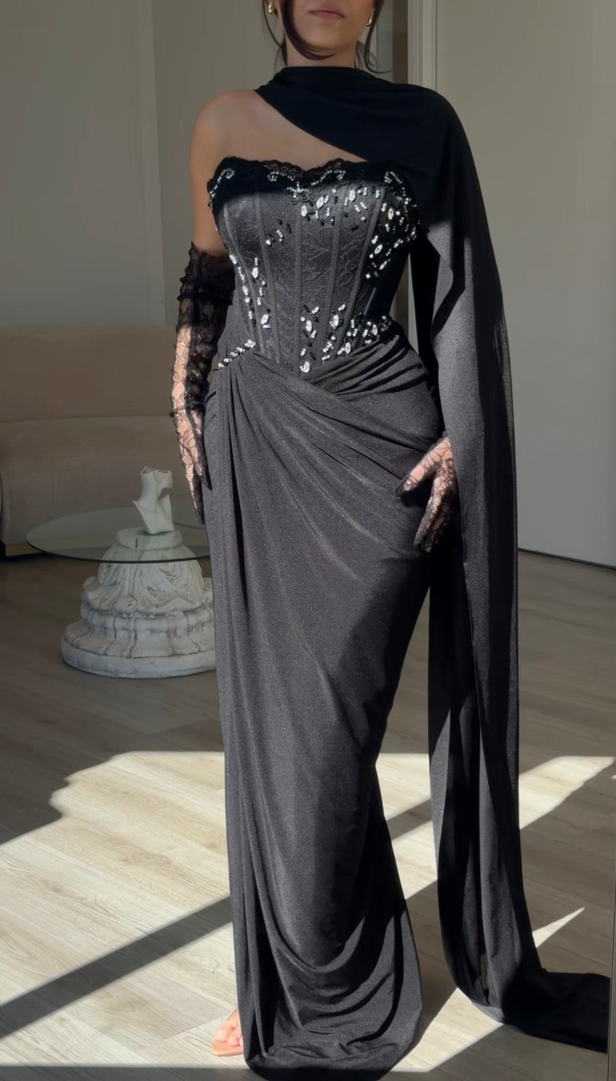 Corset Gown with Scarf Neckline and Gloves