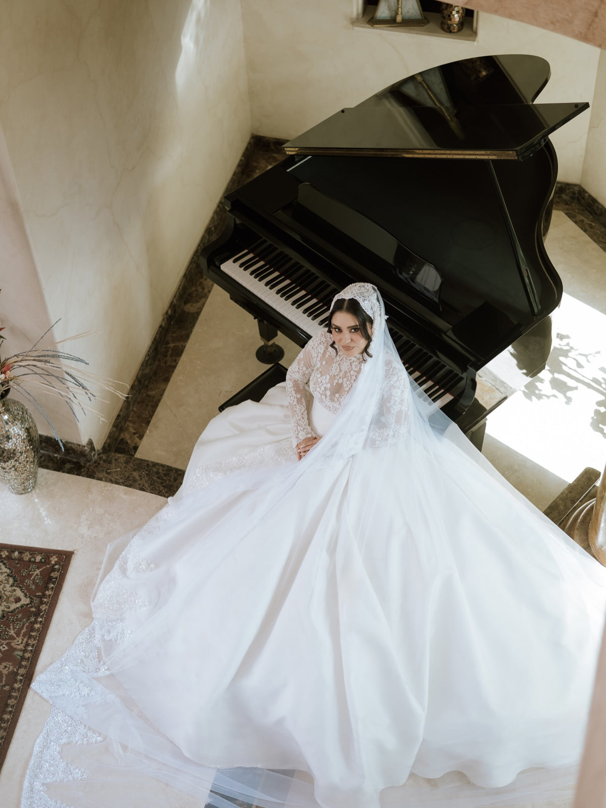 High Neck Lace Bodice Satin Ball Gown Wedding Dress