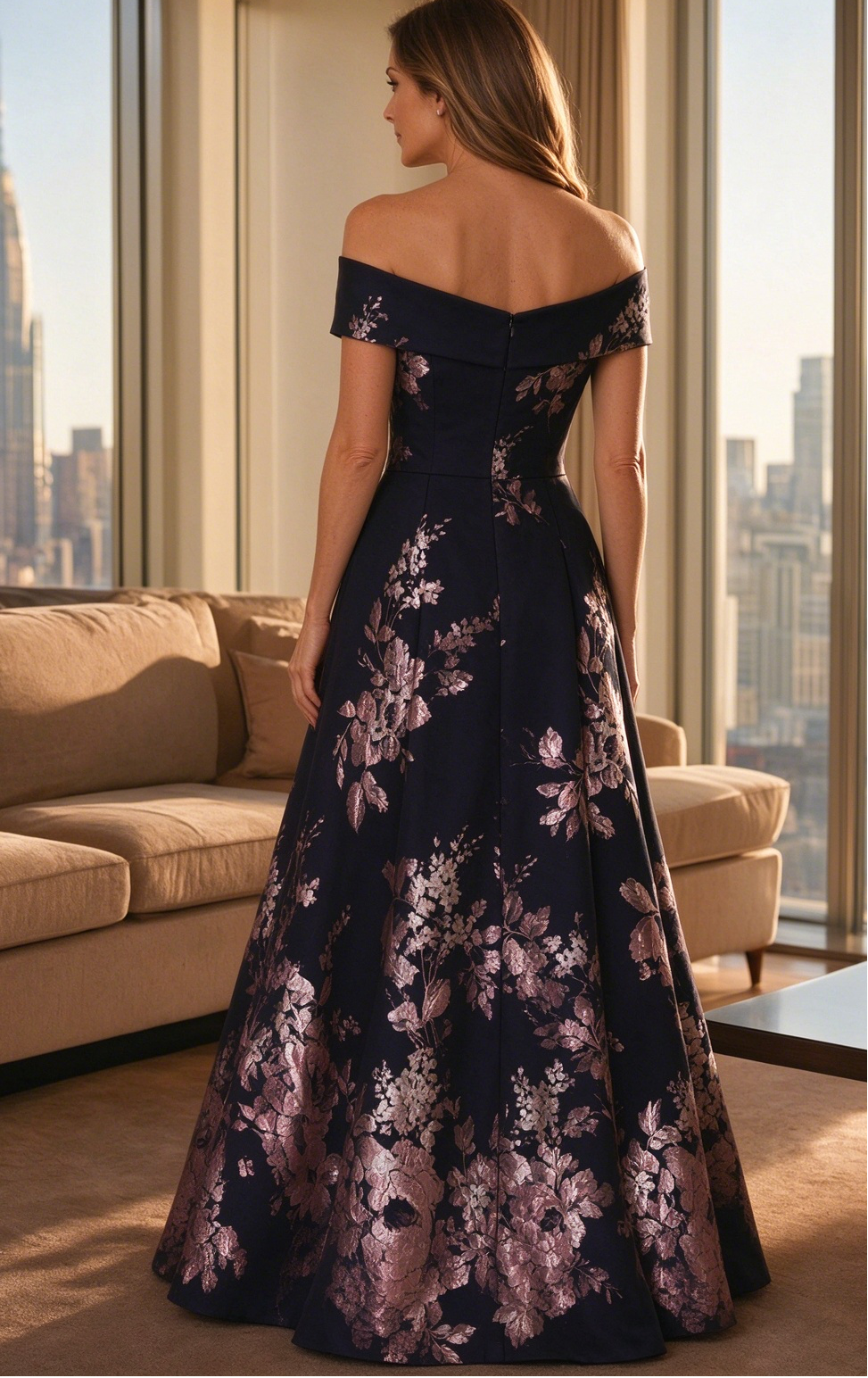Off-the-Shoulder Metallic Floral Brocade Gown
