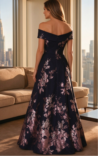 Off-the-Shoulder Metallic Floral Brocade Gown