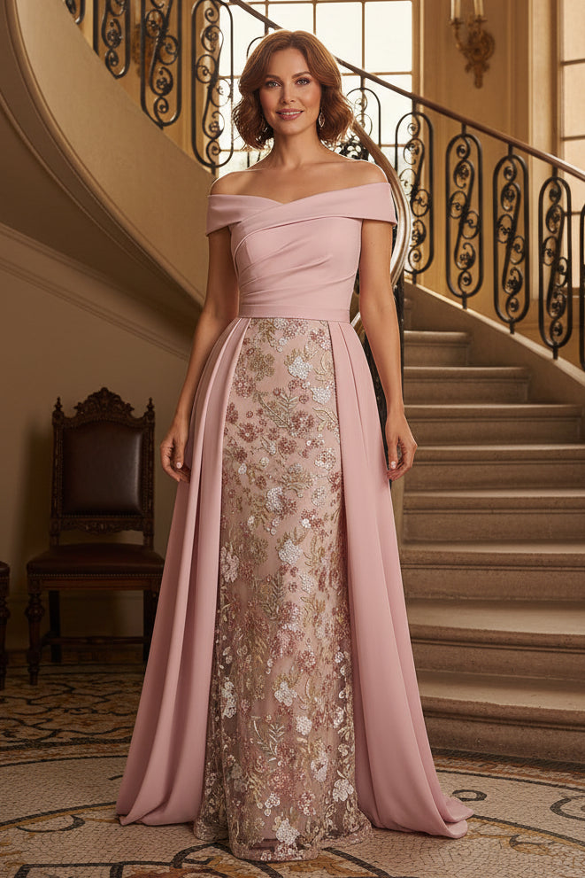 Off-the-Shoulder Satin Gown with Sequin Floral Skirt Overlay