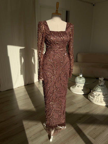 Sequin Swirl Long Sleeve Square Neck Maxi Dress