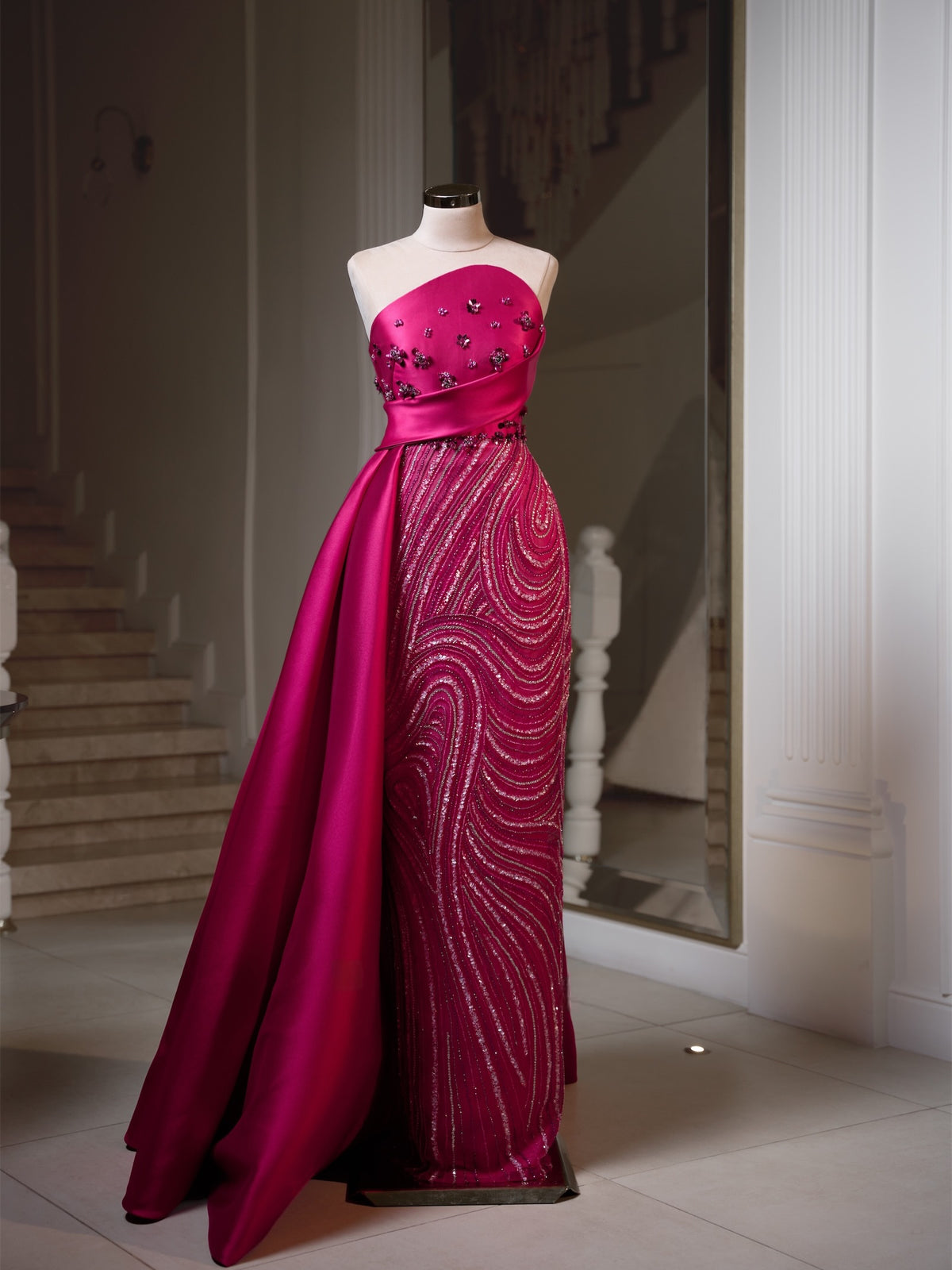 Asymmetrical Beaded Gown with Side Overskirt Drape