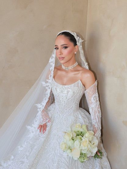 Embroidered Ball Gown Wedding Dress with Sleeves