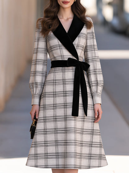 Plaid Midi Dress with Contrast Lapel & Sash