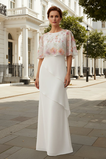 Floor-Length Satin Gown with Sheer Floral Capelet