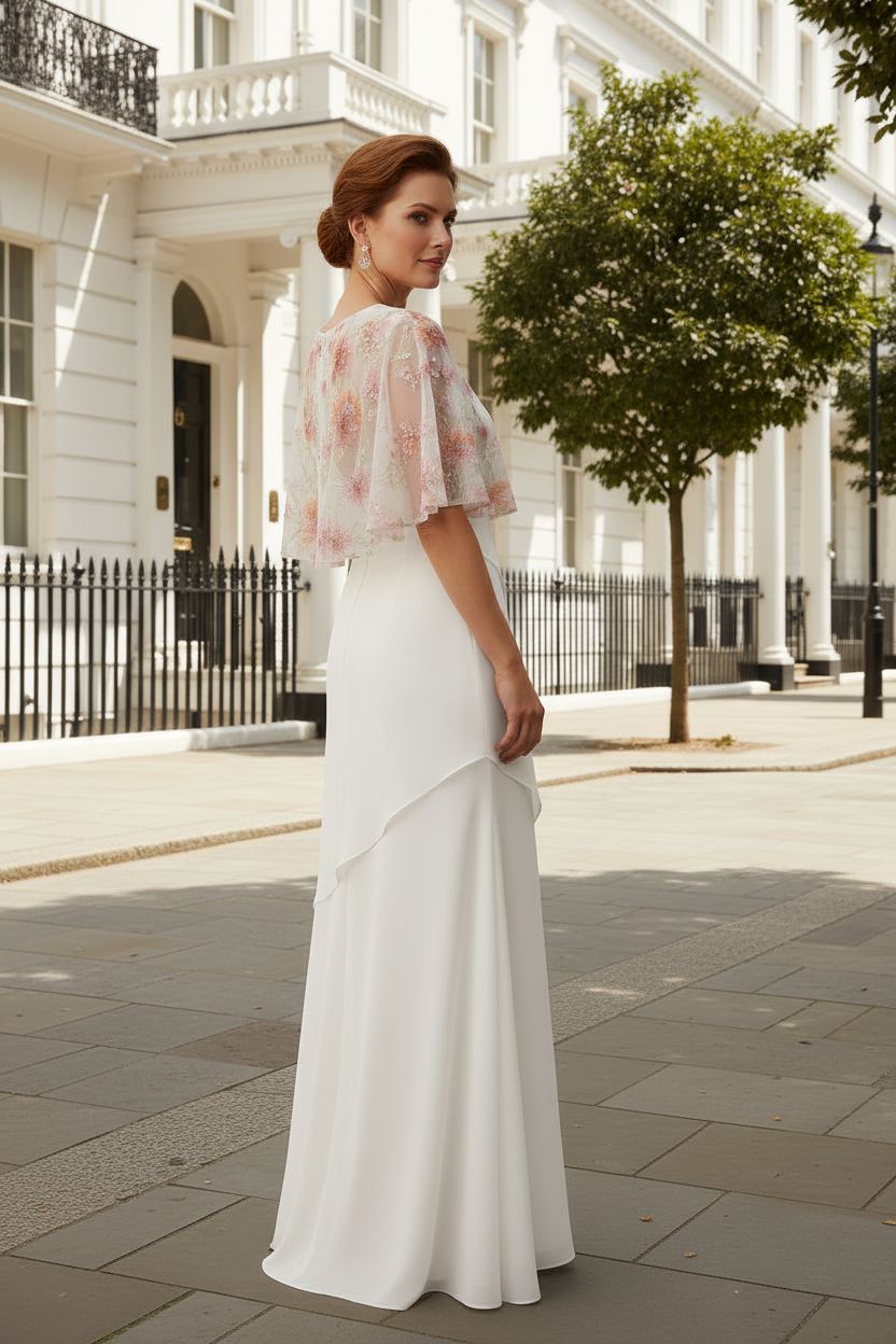 Floor-Length Satin Gown with Sheer Floral Capelet
