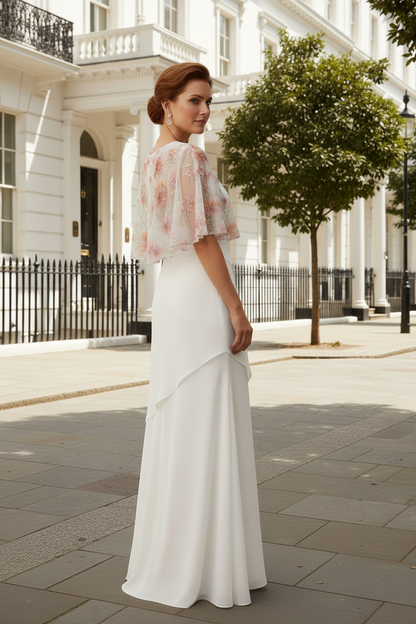 Floor-Length Satin Gown with Sheer Floral Capelet