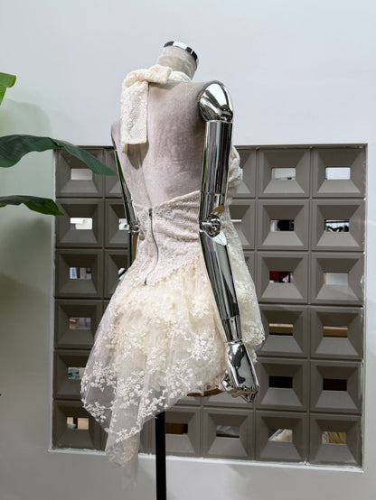 Lace Halter Neck Ruffled Mini Dress