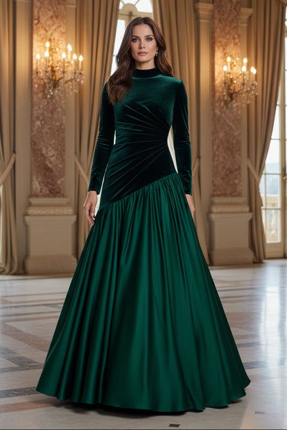 High Neck Velvet and Satin Asymmetrical Evening Gown