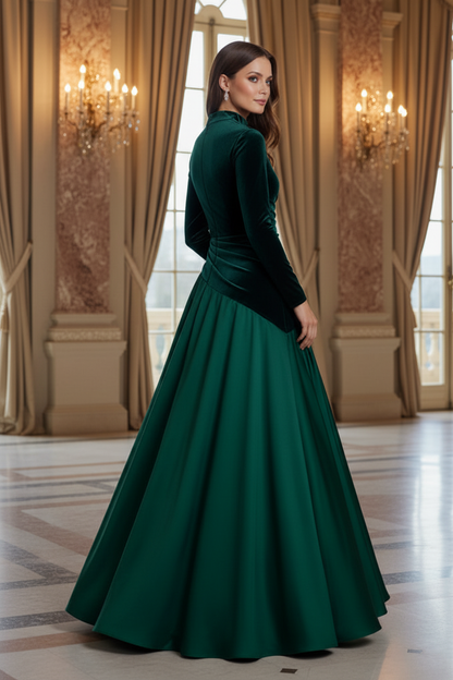 High Neck Velvet and Satin Asymmetrical Evening Gown
