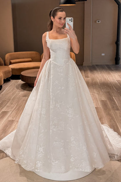 Square-Neck Floral Jacquard Ball Gown Wedding Dress