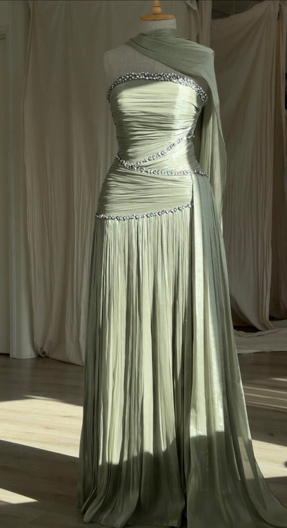 Ruched Column Gown with Draped Cape and Crystal Trim