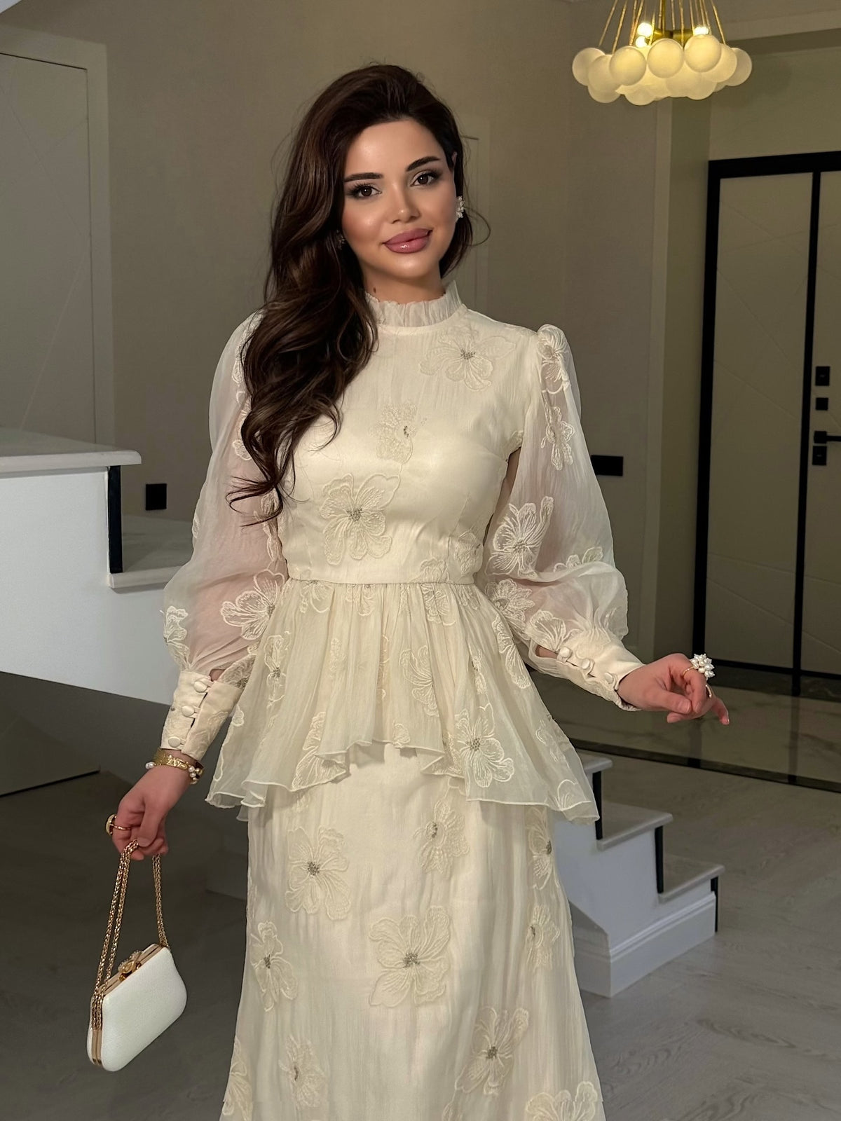 Embroidered High-Neck Peplum Maxi Dress with Sleeves