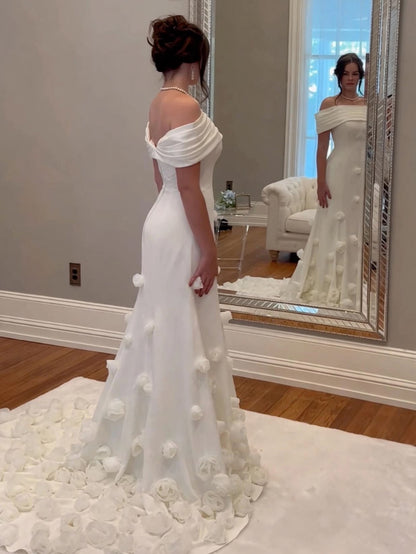 Off-the-Shoulder 3D Floral Train Wedding Dress