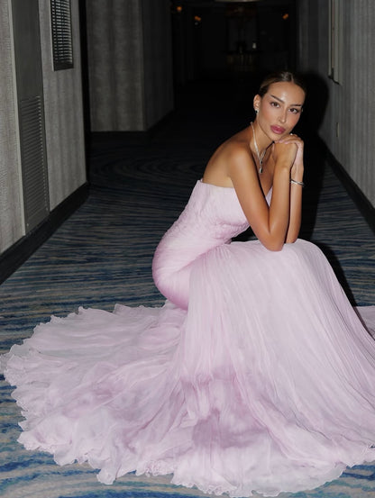 Strapless Ruched Mermaid Evening Gown with Train