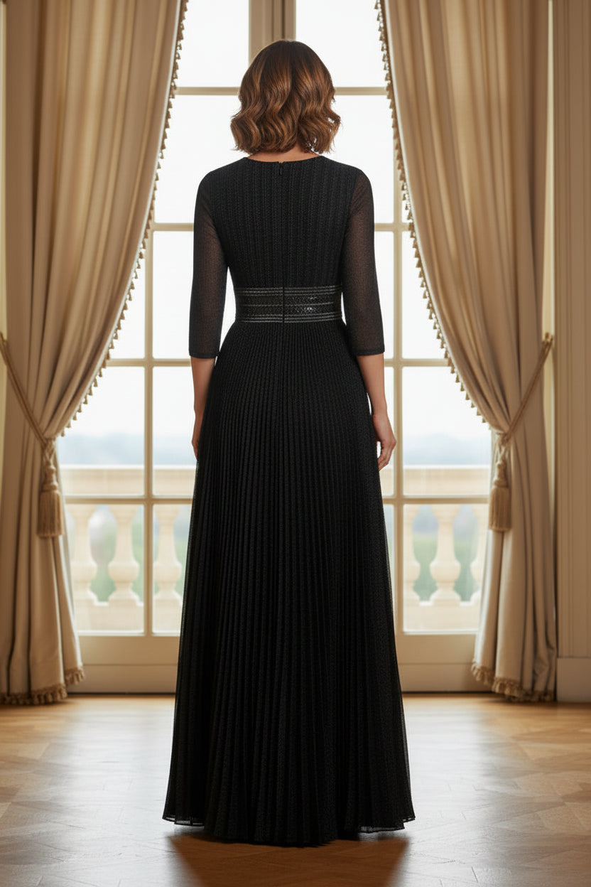 Pleated A-Line Evening Gown with 3/4 Sleeves