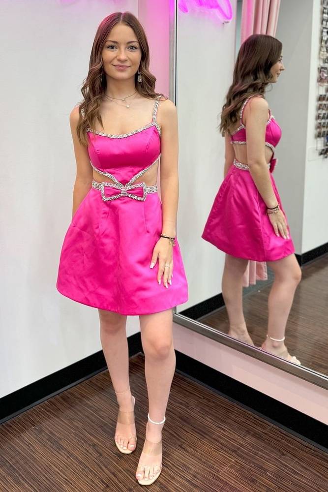 Satin Cut-Out A-Line Mini Dress with Bow
