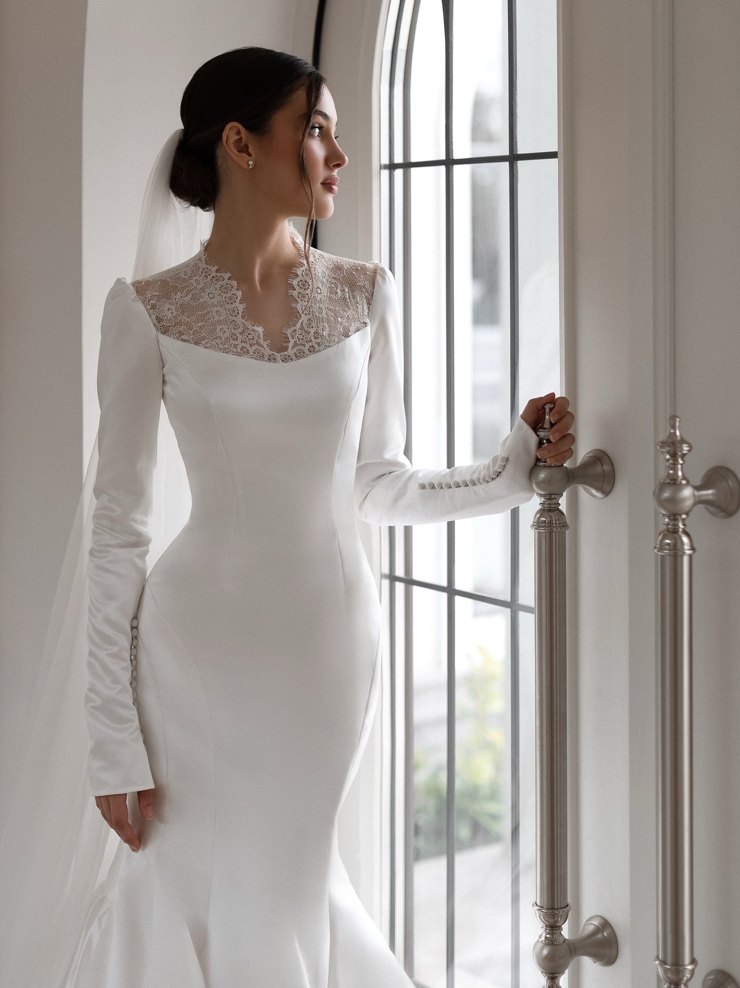 Long Sleeve Mermaid Wedding Dress with Lace Inset