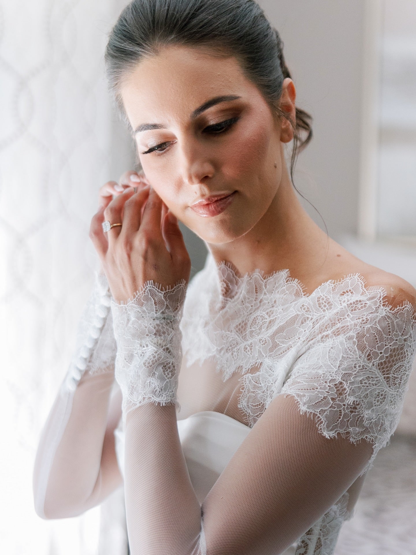 Lace Sleeve Corset Wedding Dress with Draped Skirt