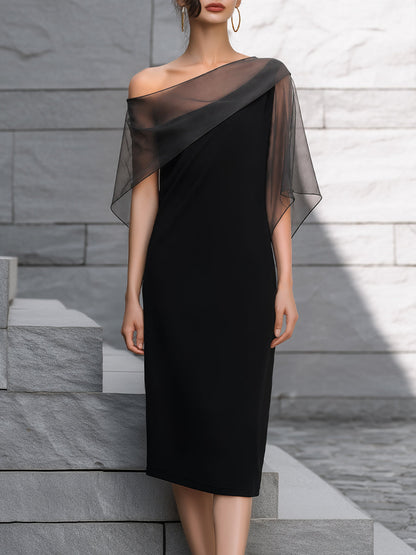 Asymmetrical Sheer Overlay Midi Sheath Dress