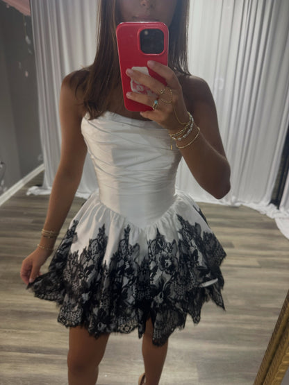 Strapless Ruched Satin and Lace Tiered Mini Dress