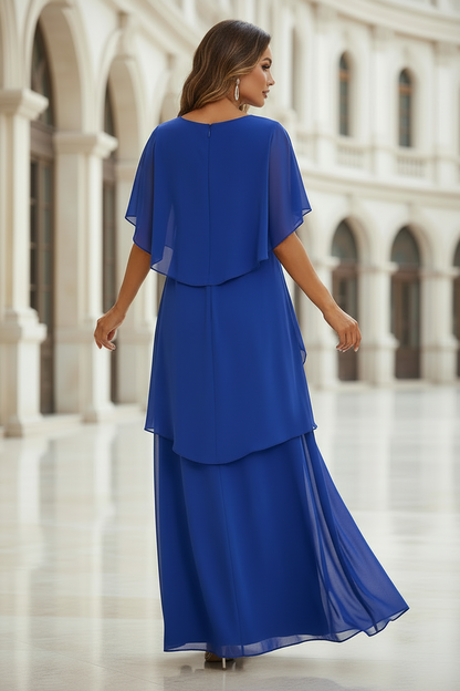 Elegant Tiered Chiffon Maxi Dress with Capelet