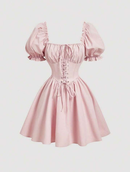 Lace-Up Corset A-Line Mini Puff Sleeve Dress