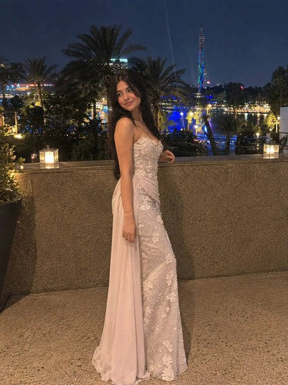 Strapless Floral Applique Gown with Side Drape