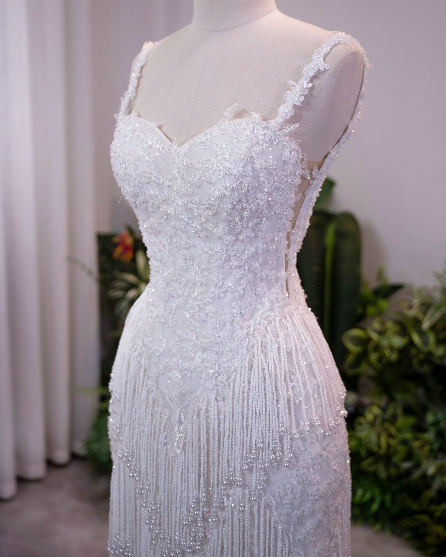 Fringe Beaded Sweetheart Mini Wedding Dress
