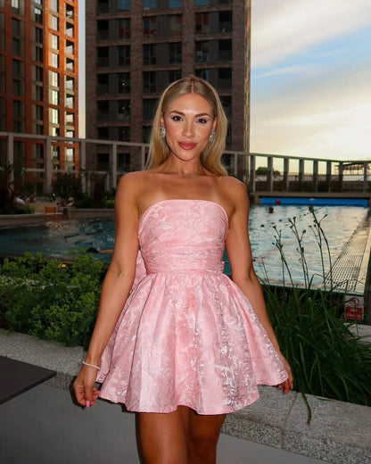 Strapless Jacquard Mini Dress with Back Bow