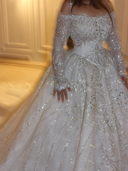 Beaded Ball Gown Wedding Dress with Long Sleeves