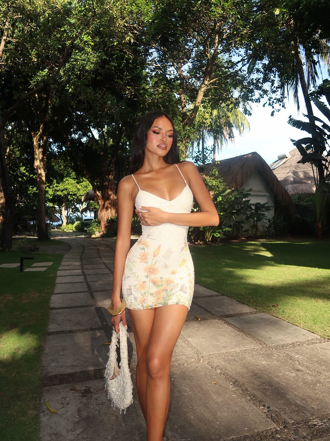 Floral Beaded Spaghetti Strap Mini Dress