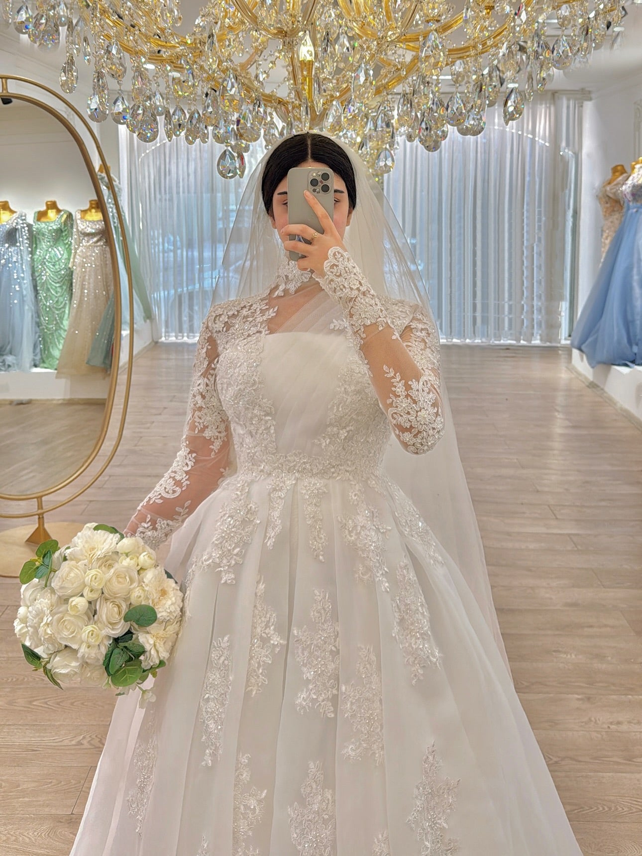 High Neck Lace Illusion Ball Gown Wedding Dress