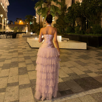 Halter Ruched Bodice Tiered Ball Gown