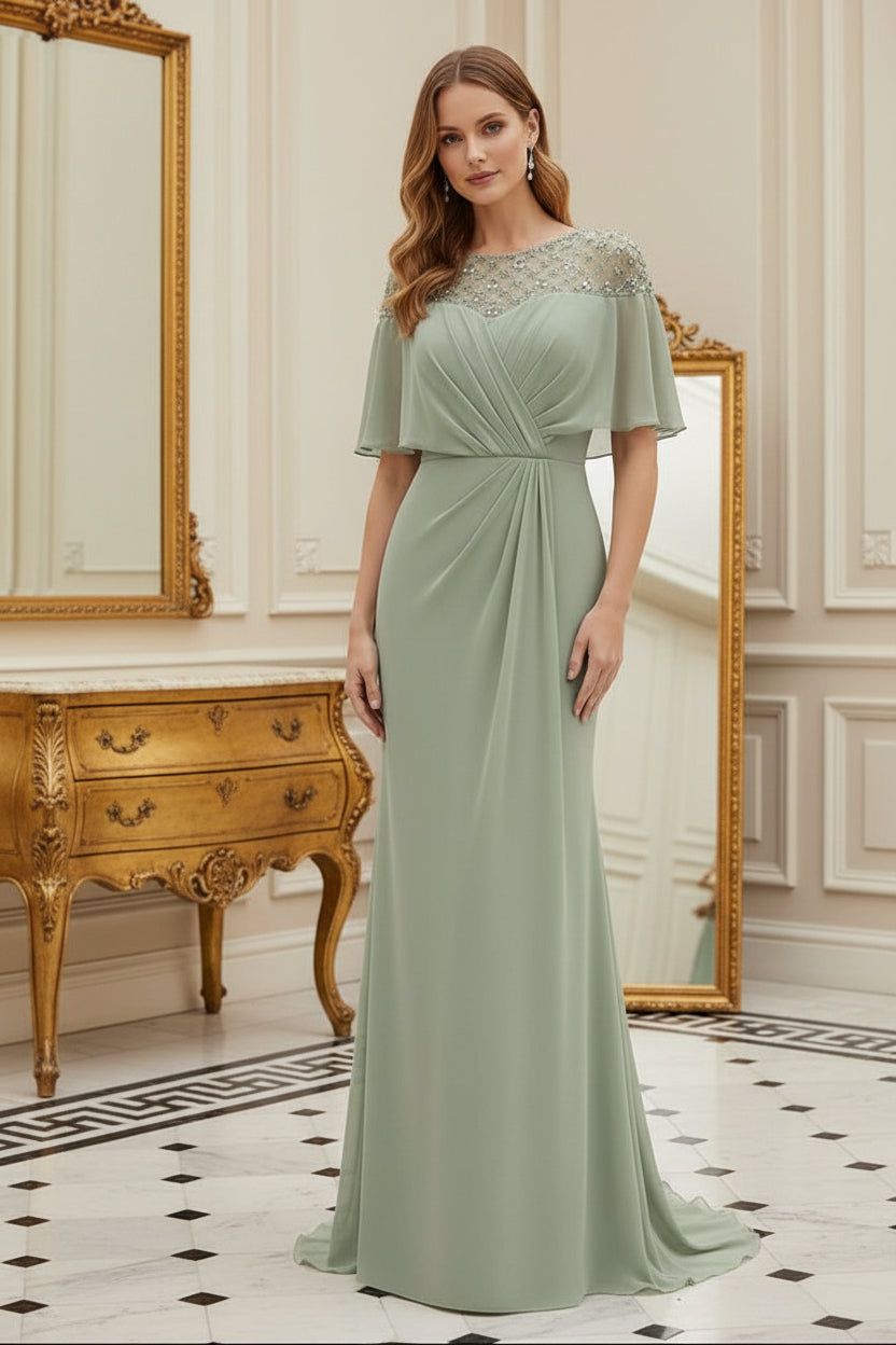 Illusion Beaded Neckline Sheath Gown with Flutter Sleeves