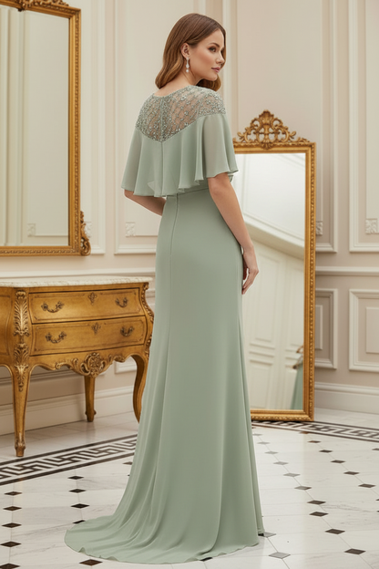 Illusion Beaded Neckline Sheath Gown with Flutter Sleeves