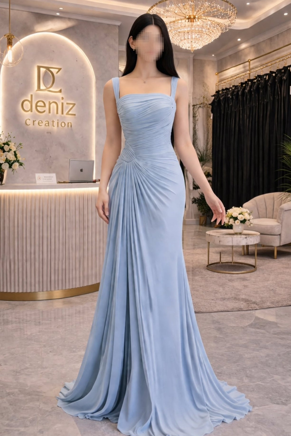 Pleated Square Neck Draped Evening Gown