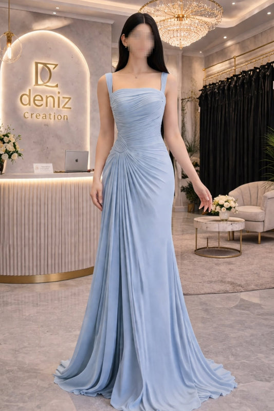 Pleated Square Neck Draped Evening Gown