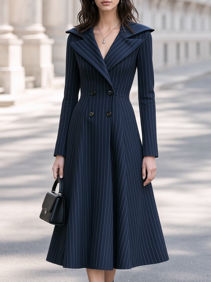 Pinstripe Double-Breasted A-Line Midi Dress