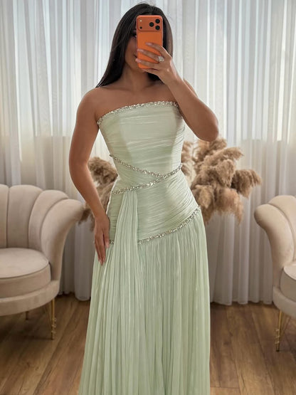 Strapless Pleated Evening Gown with Crystal Trim