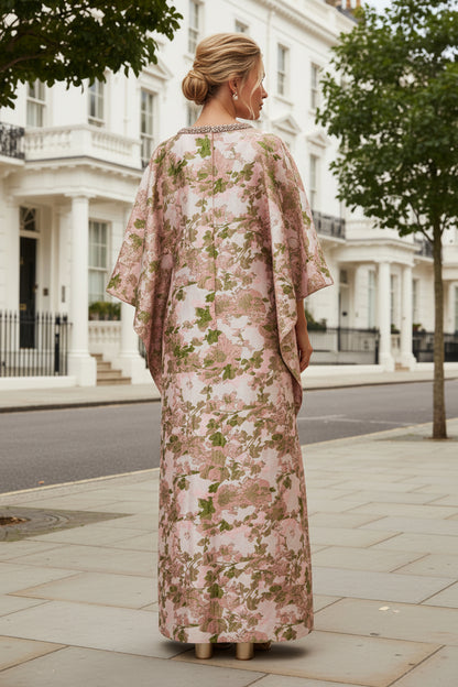 Floral Jacquard Cape Sleeve Beaded Maxi Dress