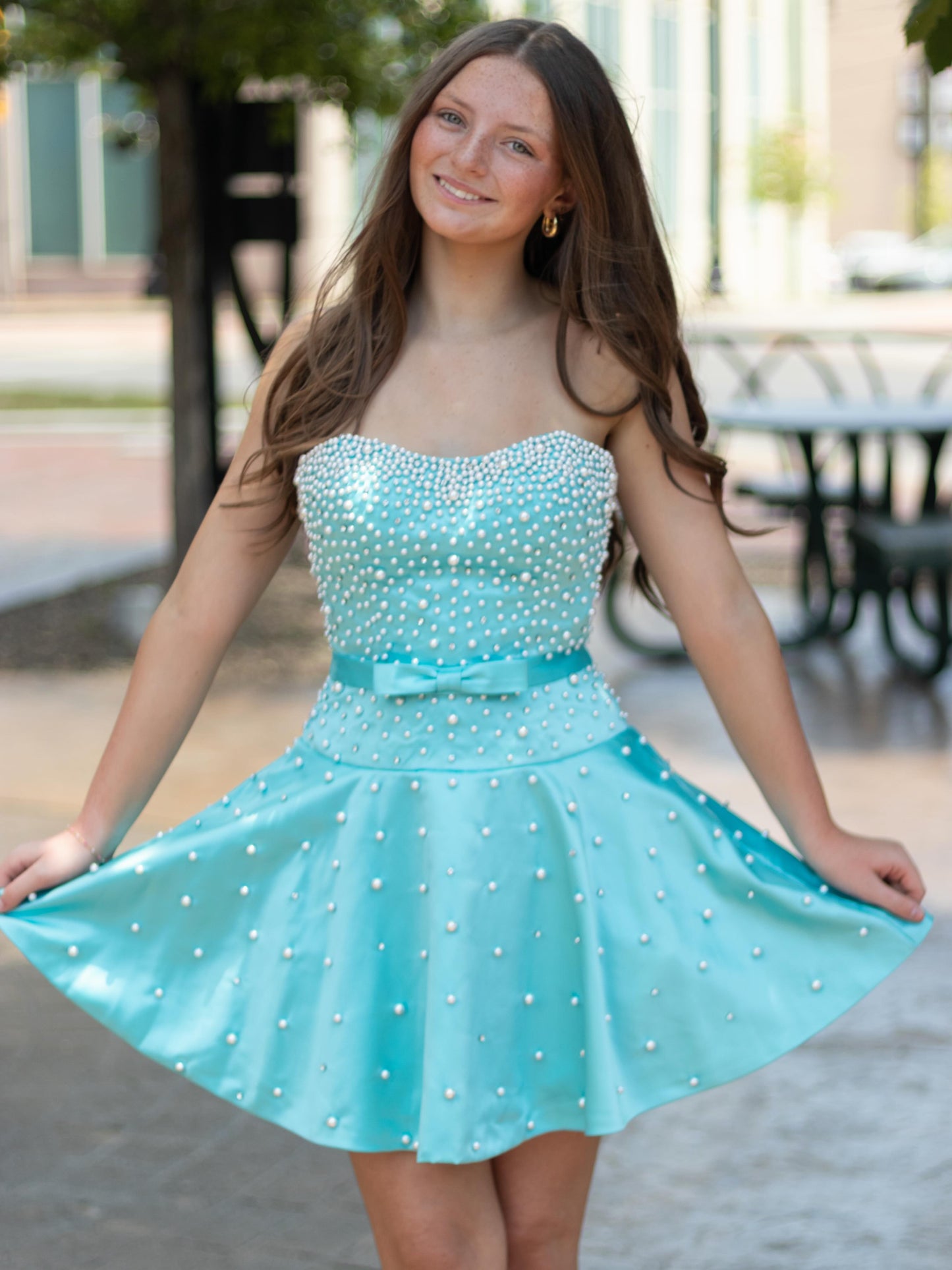 Strapless Sweetheart Pearl A-Line Homecoming Dress